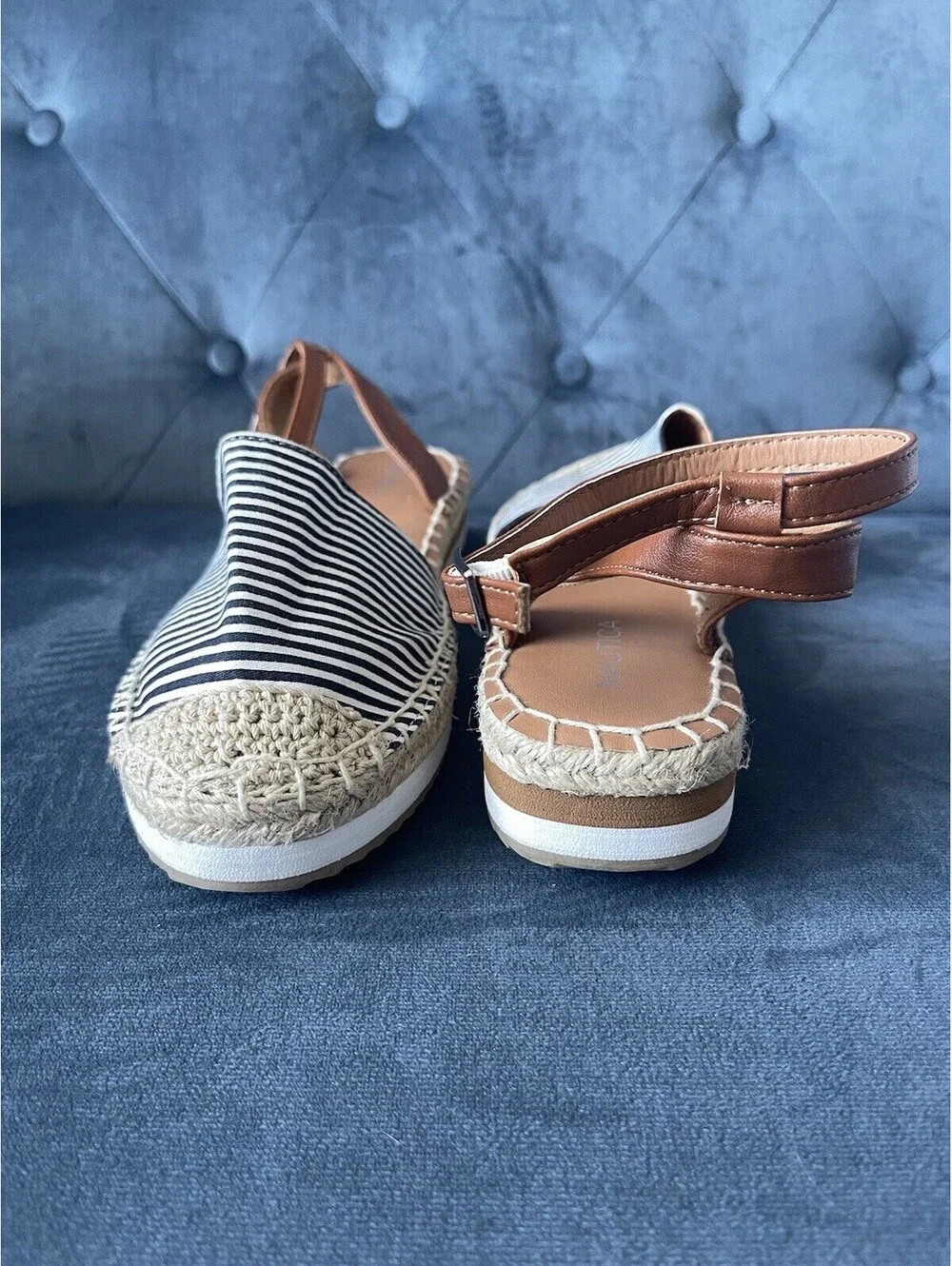 NAUTICA Espadrille Sandals Ankle Straps Black White Stripe Sz 7.5 Coastal NEW